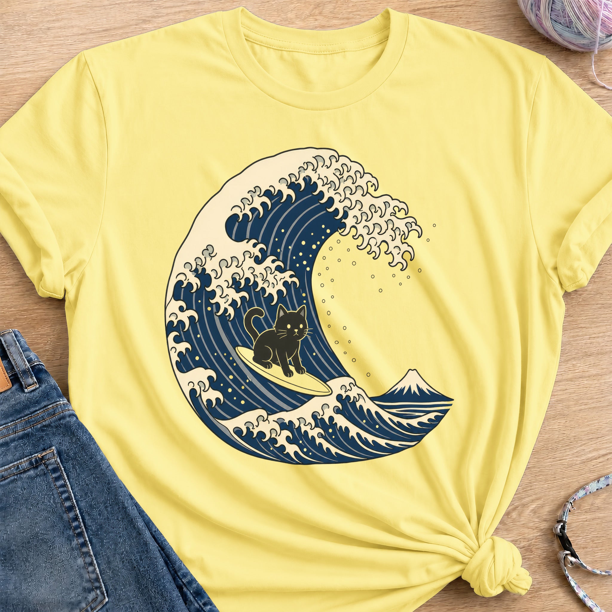 Surfing Cat T-Shirt — Cornsilk