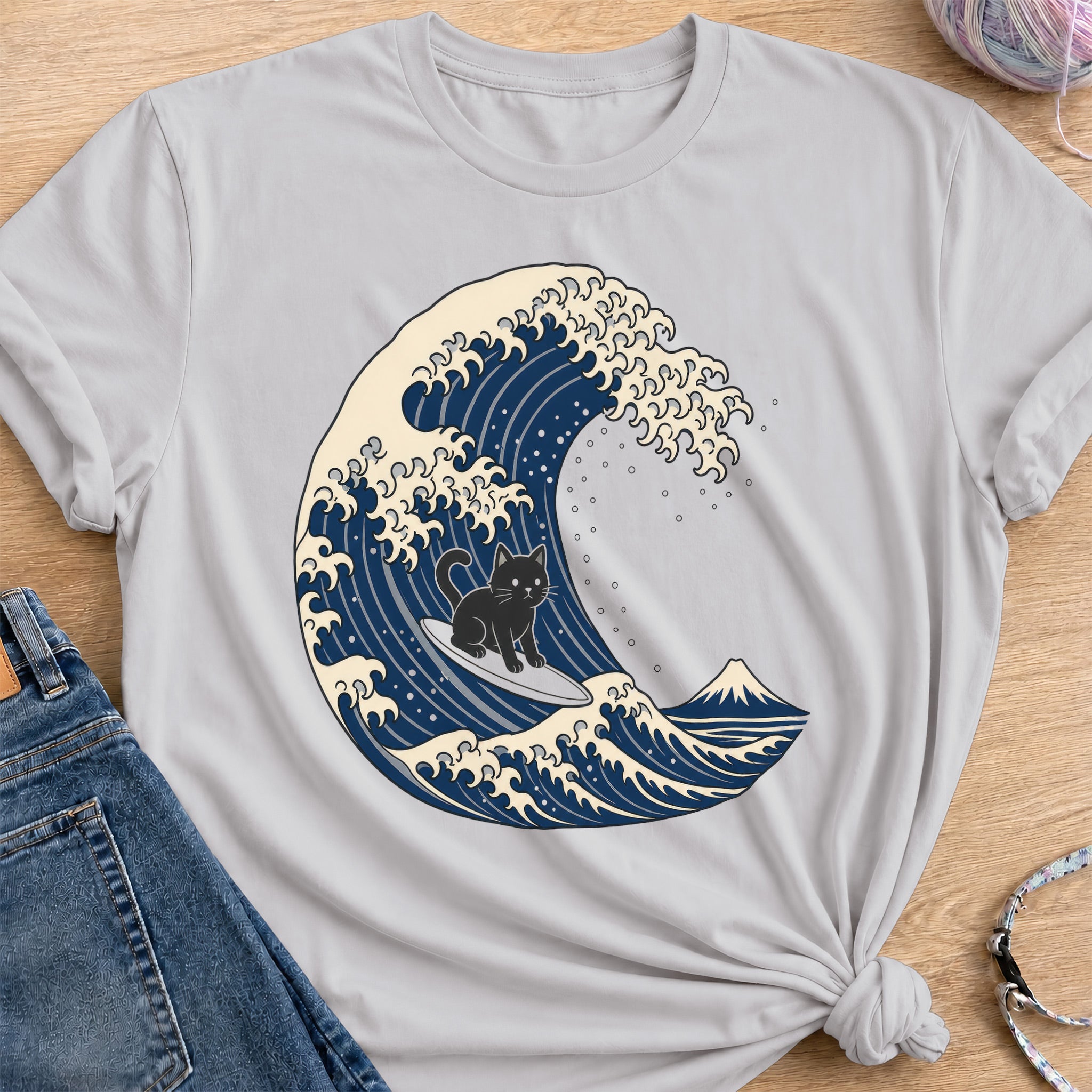 Surfing Cat T-Shirt — Ice Grey