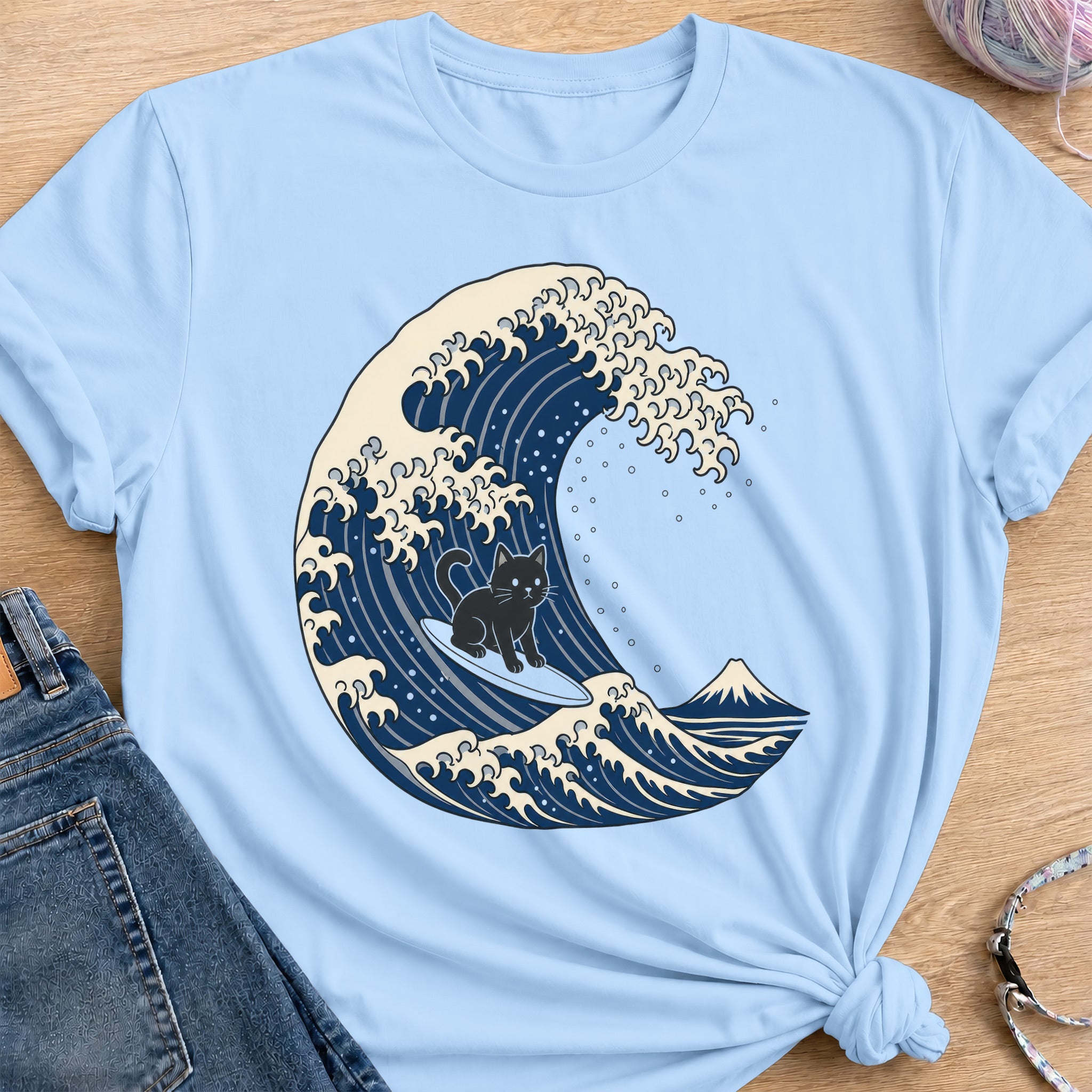 Surfing Cat T-Shirt — Light Blue