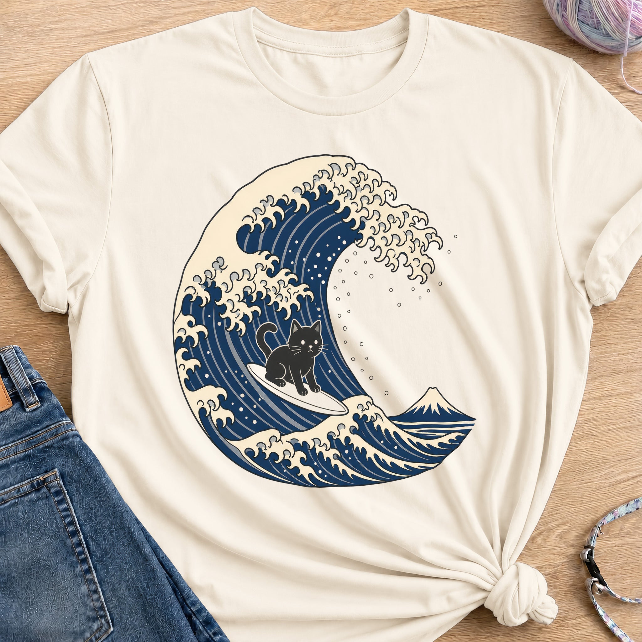 Surfing Cat T-Shirt — Natural