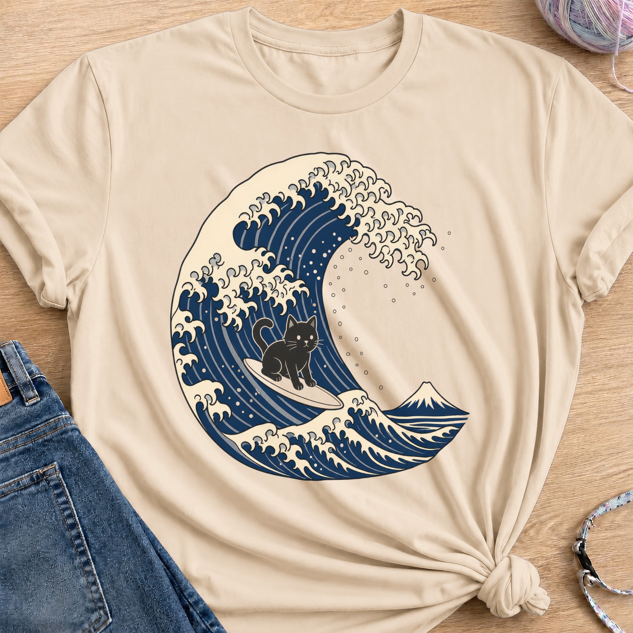 Surfing Cat T-Shirt — Sand