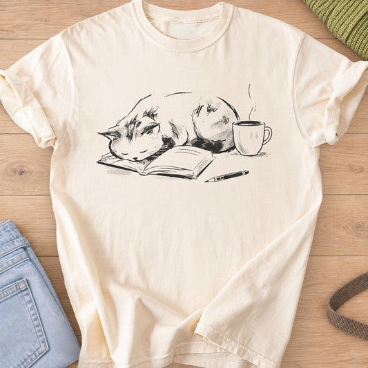 Fluffy cat curled up asleep on an open book beside a steaming mug and a pen, black ink on an Ivory T-Shirt
