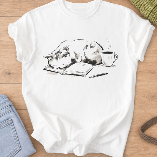 Fluffy cat curled up asleep on an open book beside a steaming mug and a pen, black ink on a White T-Shirt