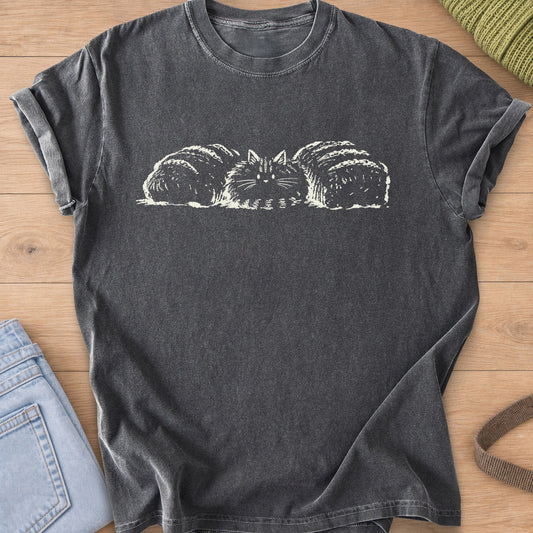 Fluffy cat loaf tucked between two loaves of bread and blending in, cream ink on a Pepper T-Shirt