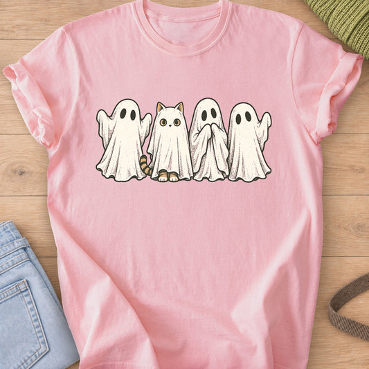 Cat wearing a ghost sheet, tabby tail and paws peeking out, beside three ghosts on a Blossom T-Shirt