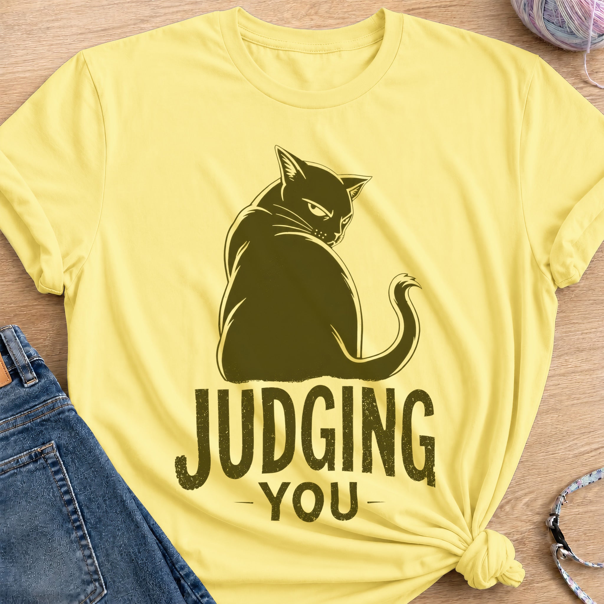 Judging Cat T-Shirt — Cornsilk