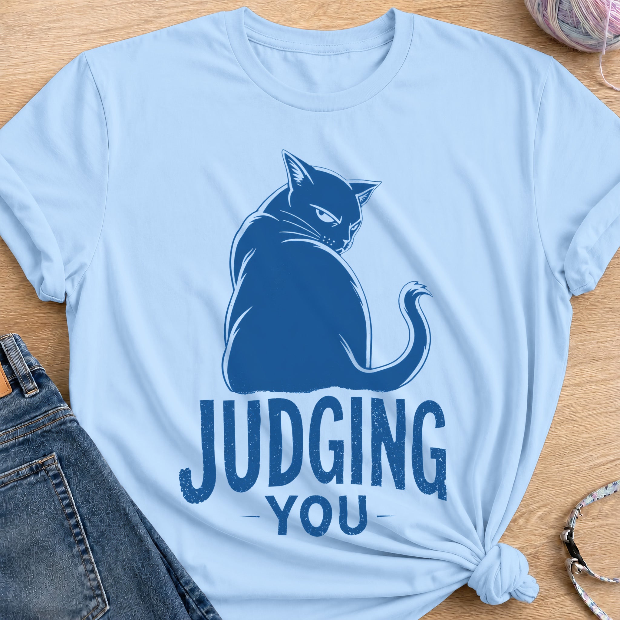 Judging Cat T-Shirt — Light Blue
