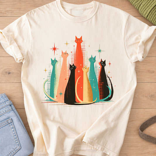 Seven tall mid-century cats sitting together among starbursts and grid lines on an Ivory T-Shirt