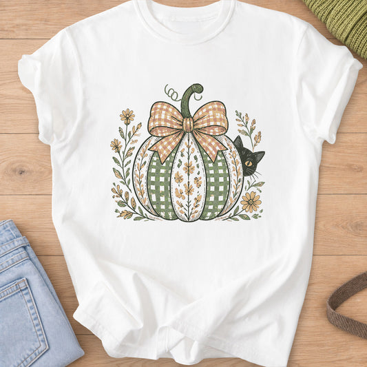 Black cat peeking from behind a gingham pumpkin with a big bow and wildflowers on a White T-Shirt