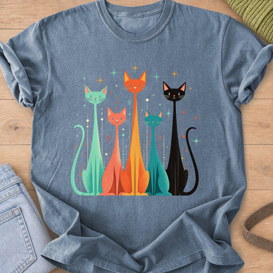 Five tall slender cats sitting side by side among sparkling stars and dots on a Blue Jean T-Shirt