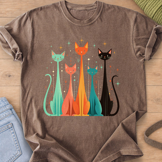 Five tall slender cats sitting side by side among sparkling stars and dots on an Espresso T-Shirt