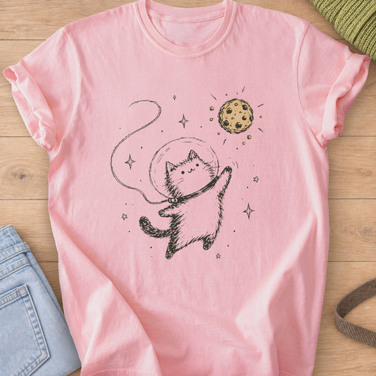 Astronaut cat in a bubble helmet floating among stars, reaching for a cookie, charcoal and tan ink on a Blossom T-Shirt