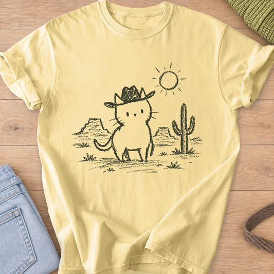 Cat in a cowboy hat standing in the desert by a cactus, mesas and a sun, dark charcoal ink on a Butter T-Shirt