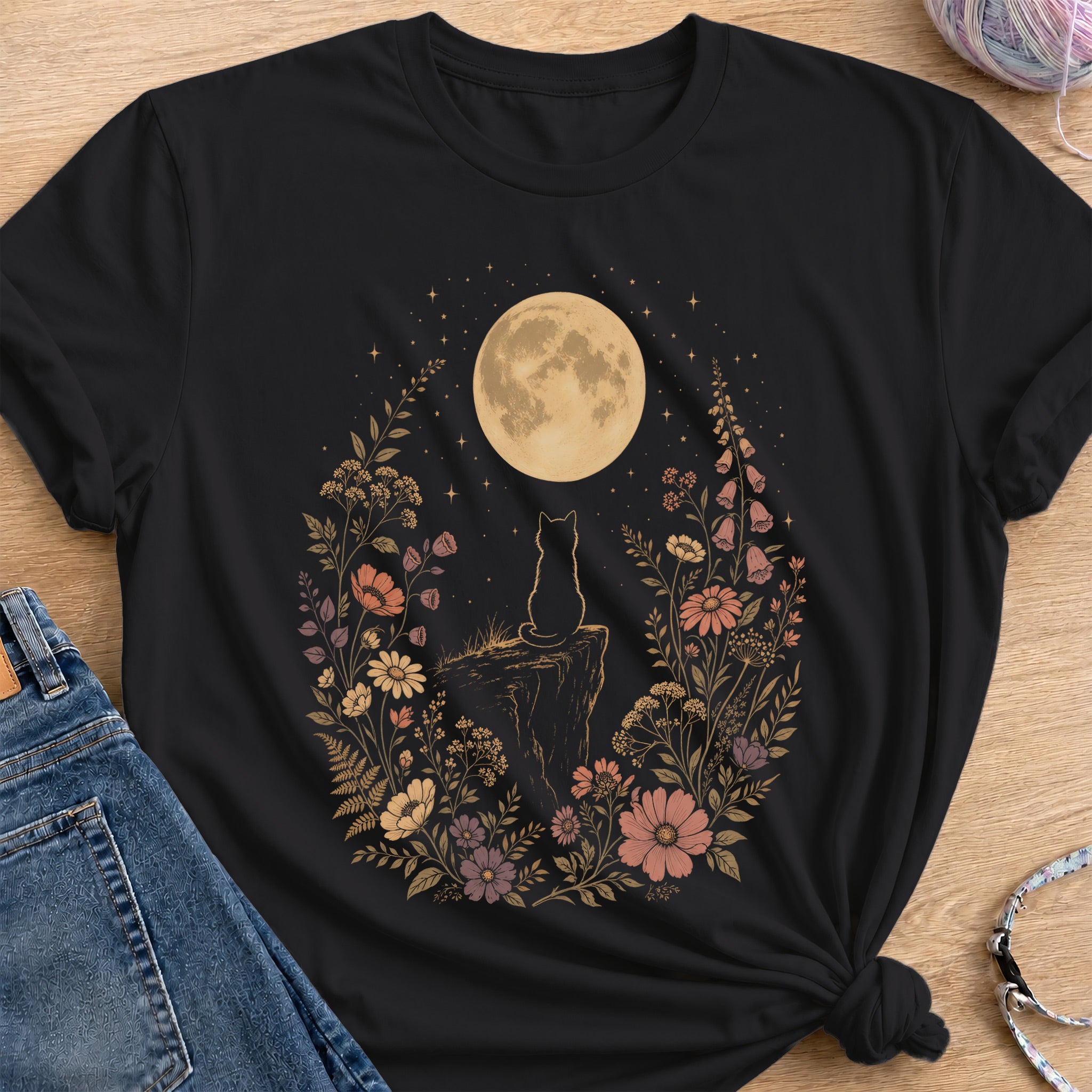 Moonlit Cat T-Shirt — Black