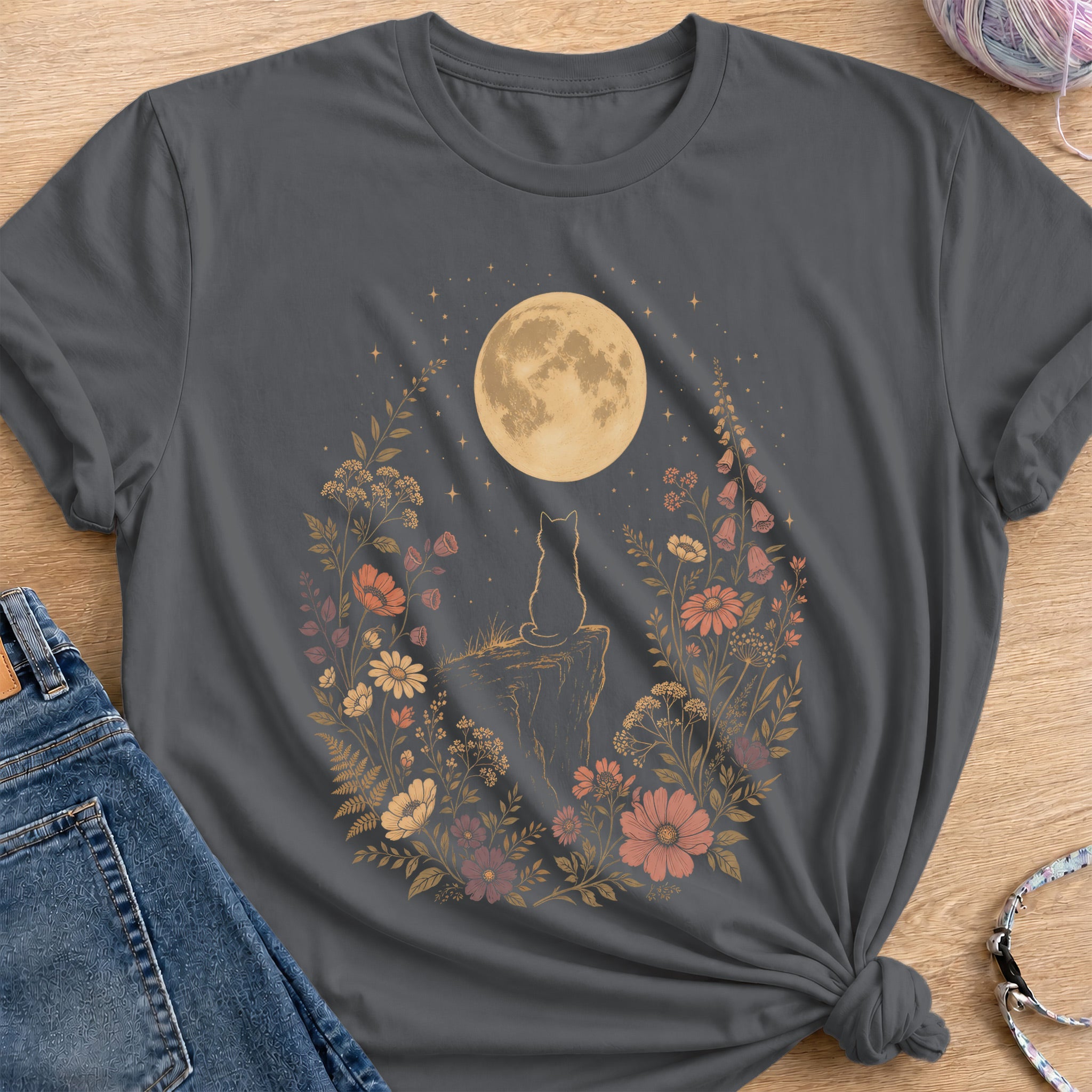 Moonlit Cat T-Shirt — Charcoal