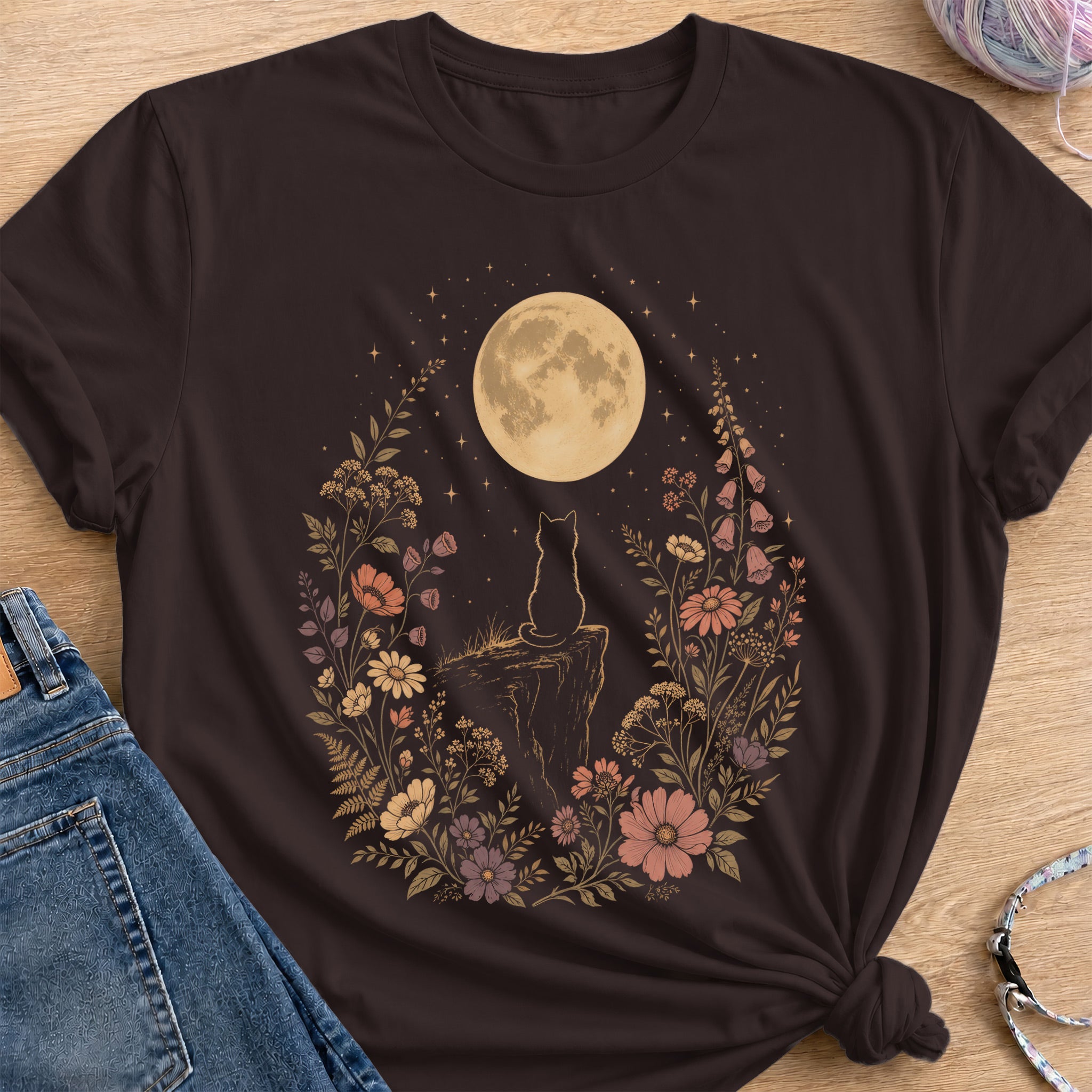Moonlit Cat T-Shirt — Dark Chocolate