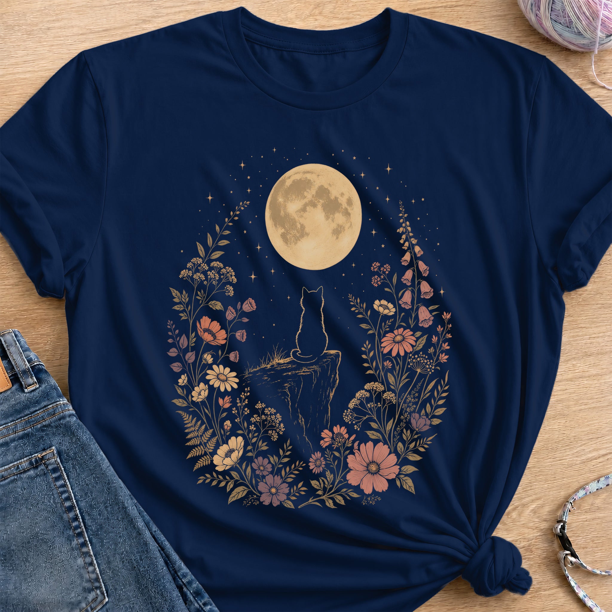 Moonlit Cat T-Shirt — Navy