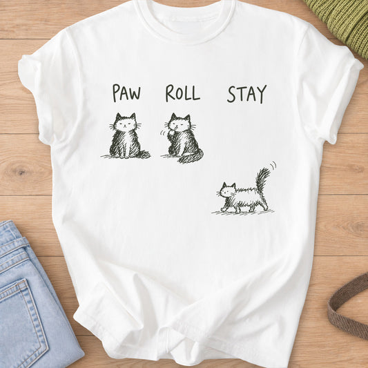 Three cats under "Paw Roll Stay": one sits, one licks a paw, one walks off, dark charcoal ink on a White T-Shirt