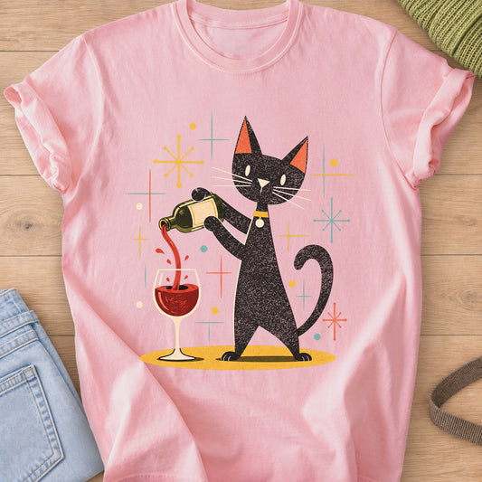 Black cat standing on hind legs pouring red wine into a glass among starbursts on a Blossom T-Shirt