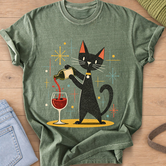 Black cat standing on hind legs pouring red wine into a glass among starbursts on a Moss T-Shirt