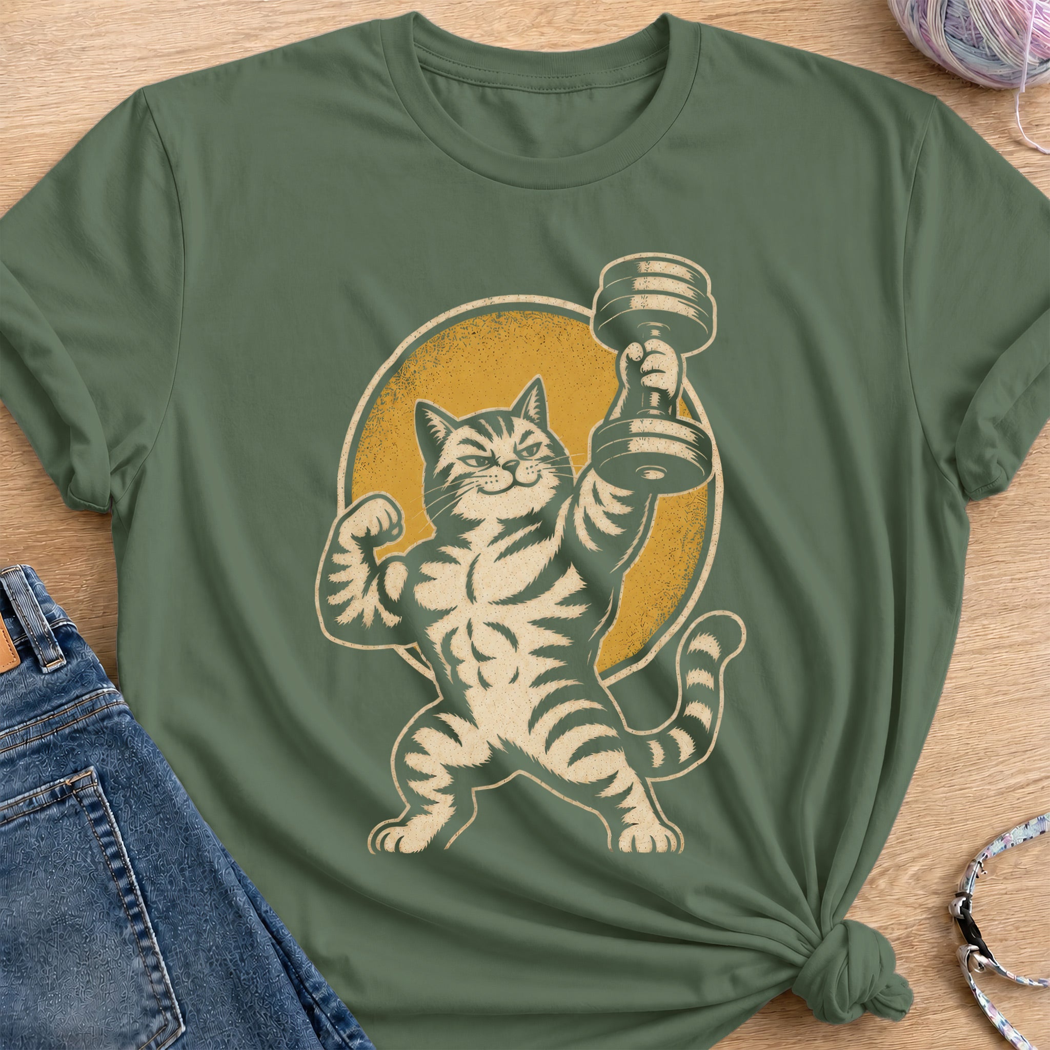 Muscular Cat T-Shirt — Military Green