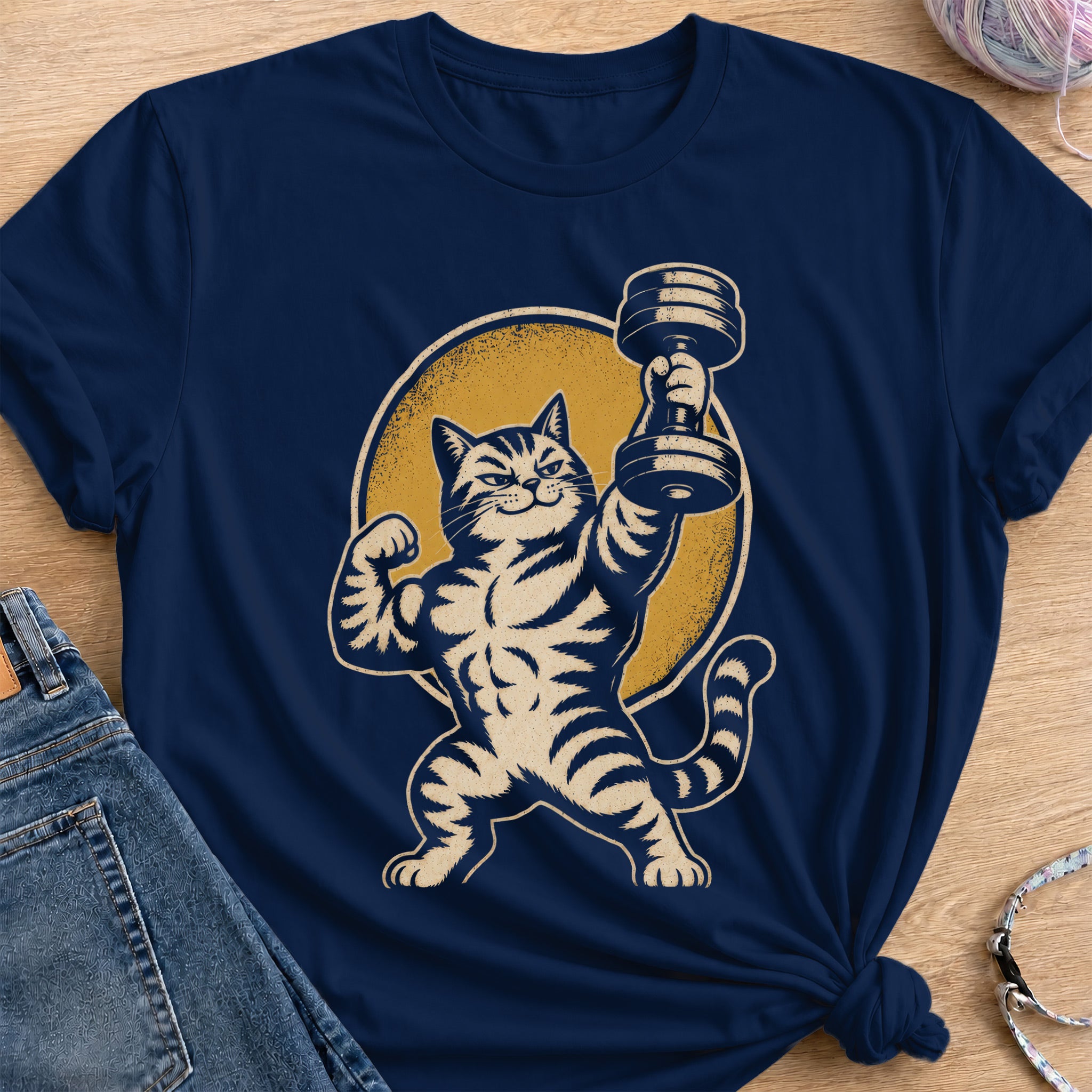 Muscular Cat T-Shirt — Navy