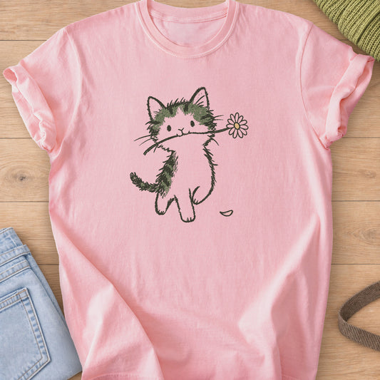 Tabby kitten walking upright with a daisy in its mouth and a fallen petal, sage and charcoal ink on a Blossom T-Shirt