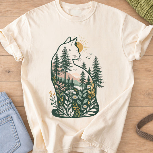 Cat silhouette filled with pine trees, mountains and wildflowers, sun and birds on an Ivory T-Shirt