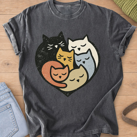Six sleepy cats cuddled together inside a heart shape on a Pepper T-Shirt