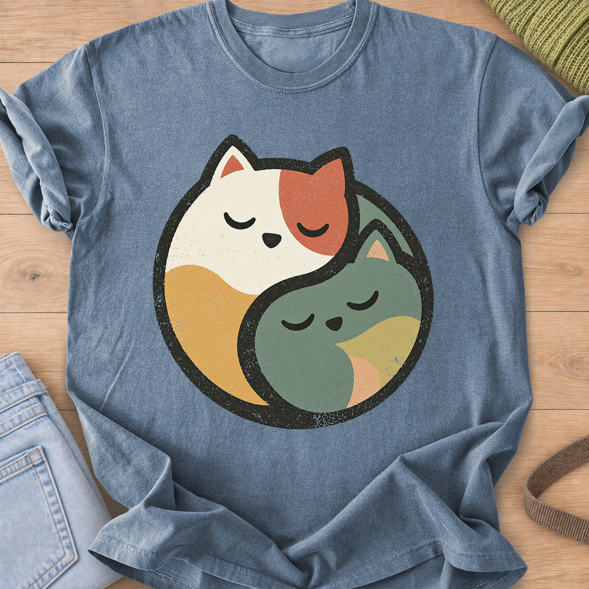 Two sleeping cats curled together to form a round yin yang circle on a Blue Jean T-Shirt