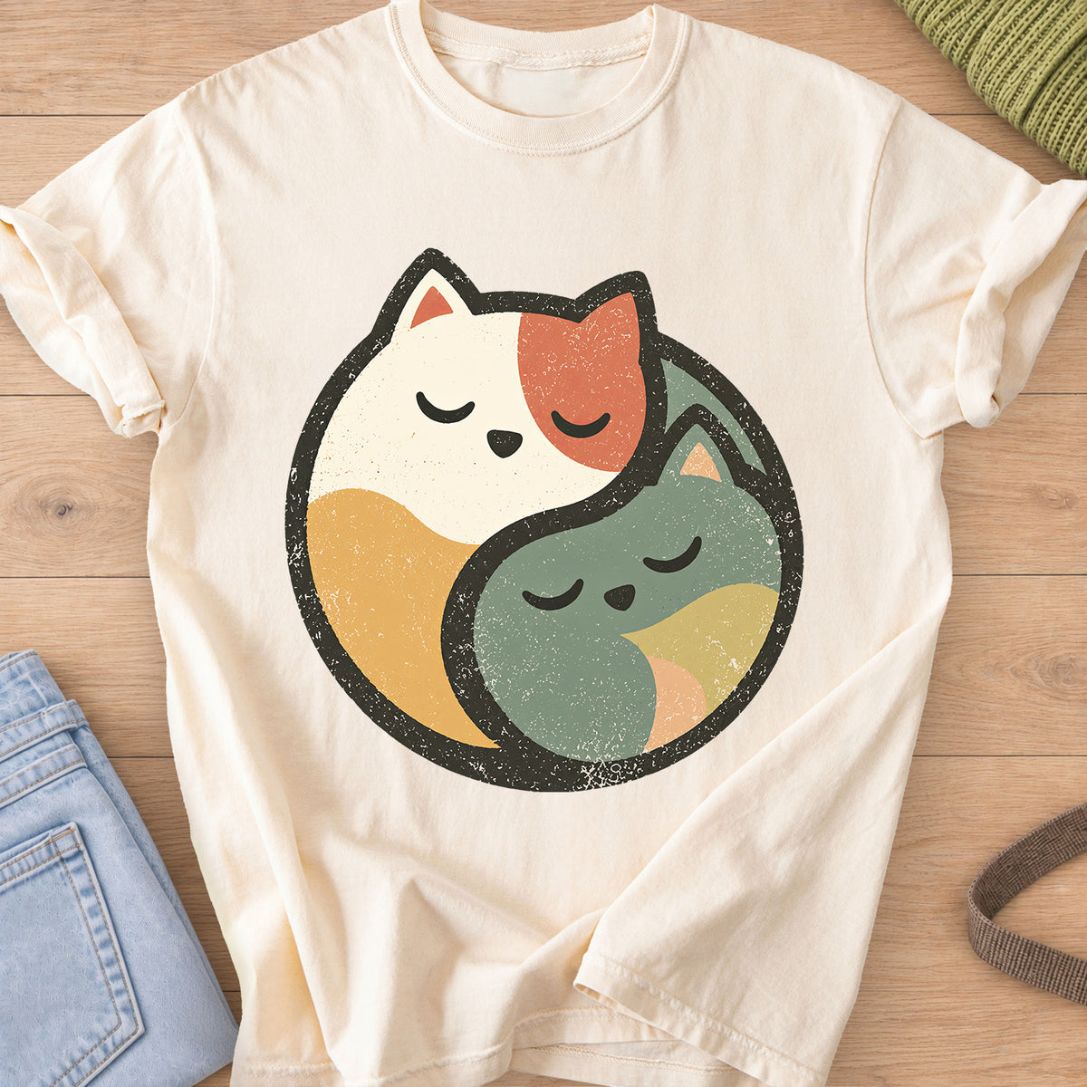Two sleeping cats curled together to form a round yin yang circle on an Ivory T-Shirt