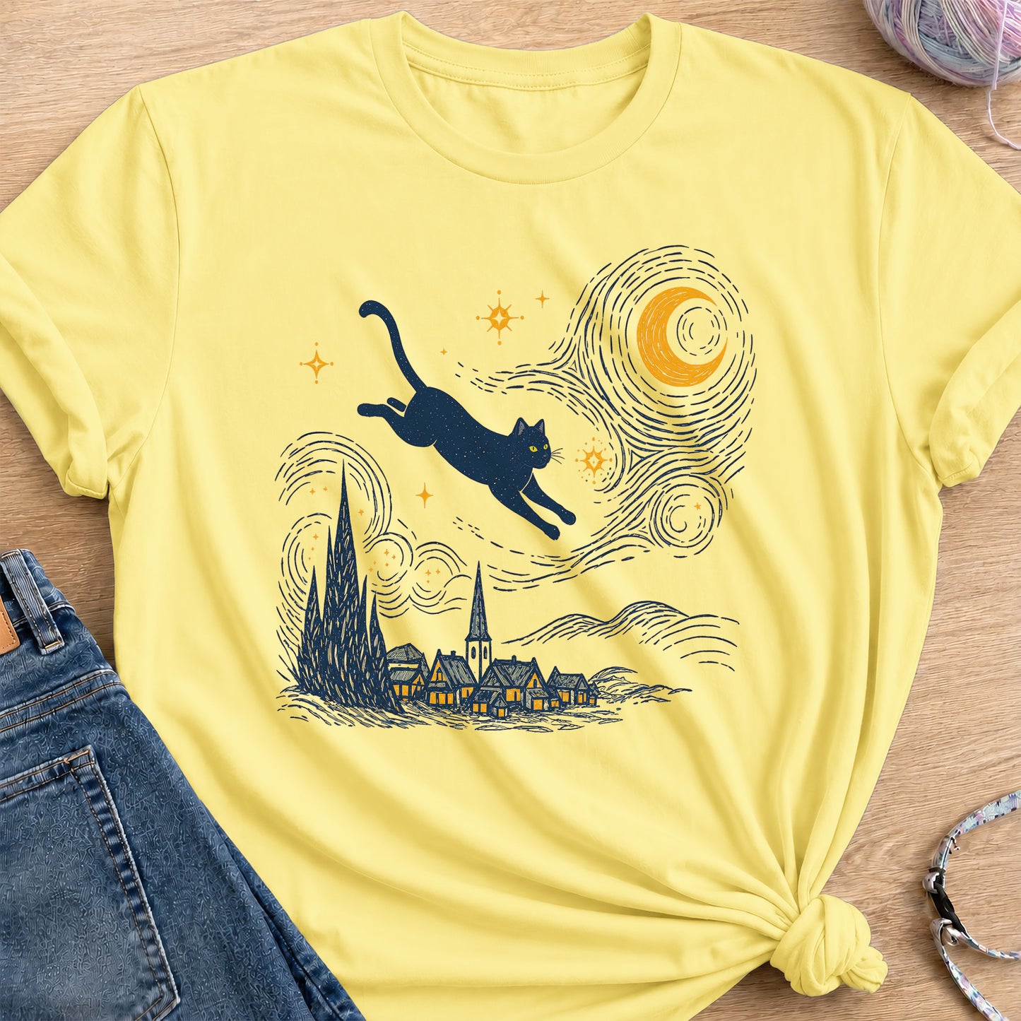 Starry Night Cat T-Shirt — Cornsilk