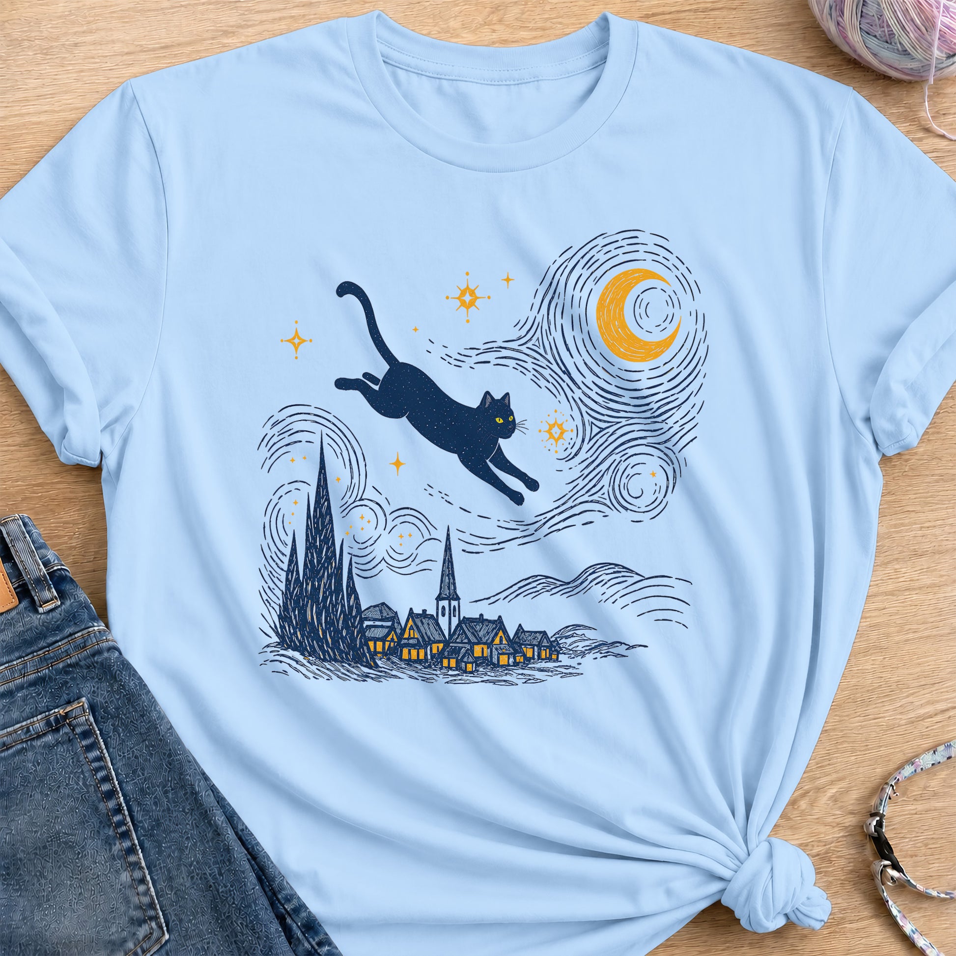 Starry Night Cat T-Shirt — Light Blue