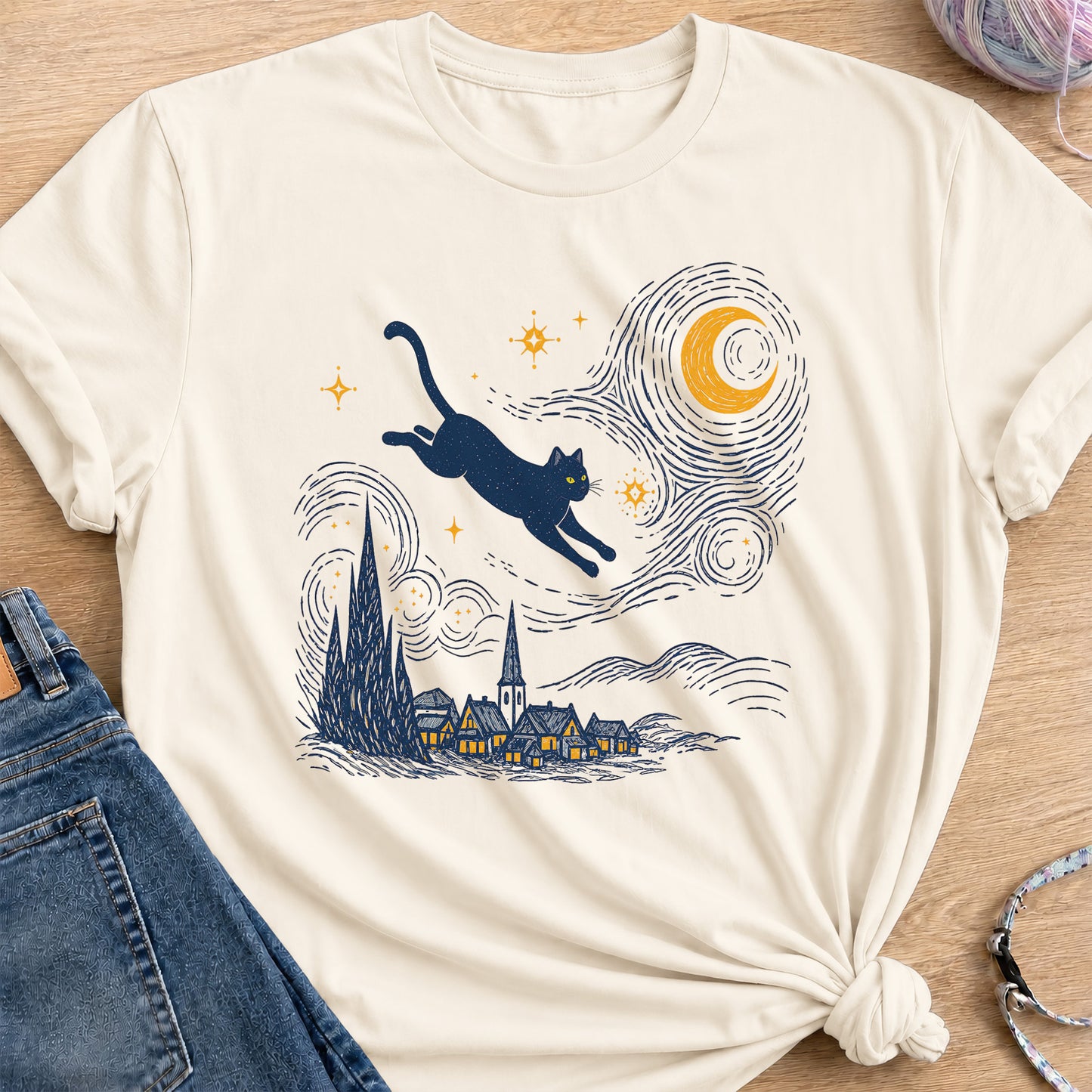 Starry Night Cat T-Shirt — Natural