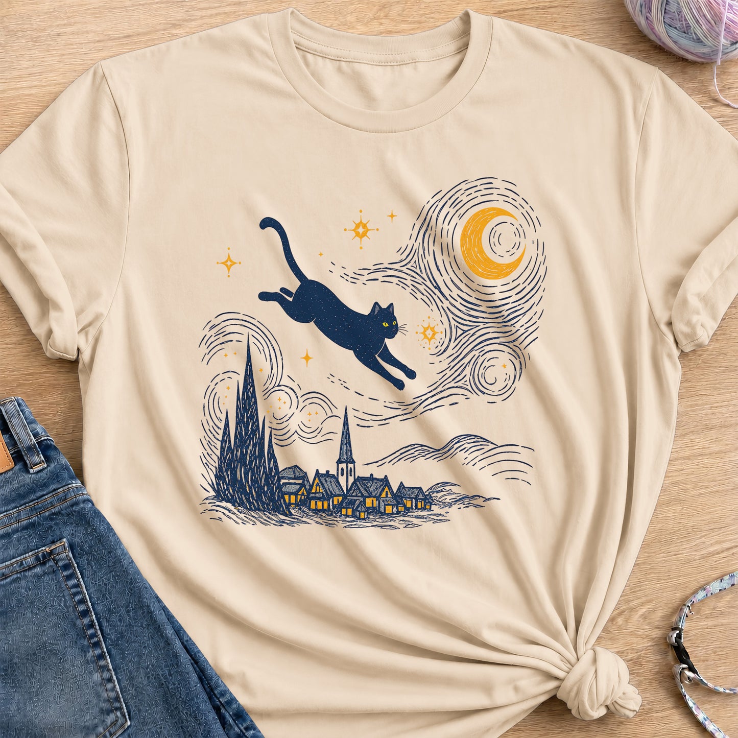 Starry Night Cat T-Shirt — Sand