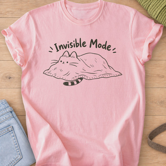 Cat hiding under a blanket, face and striped tail peeking out, "Invisible Mode", dark charcoal ink on a Blossom T-Shirt