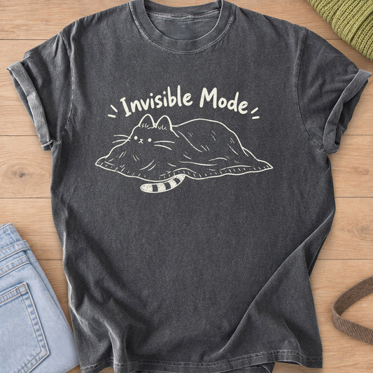 Cat hiding under a blanket, face and striped tail peeking out, "Invisible Mode", cream ink on a Pepper T-Shirt