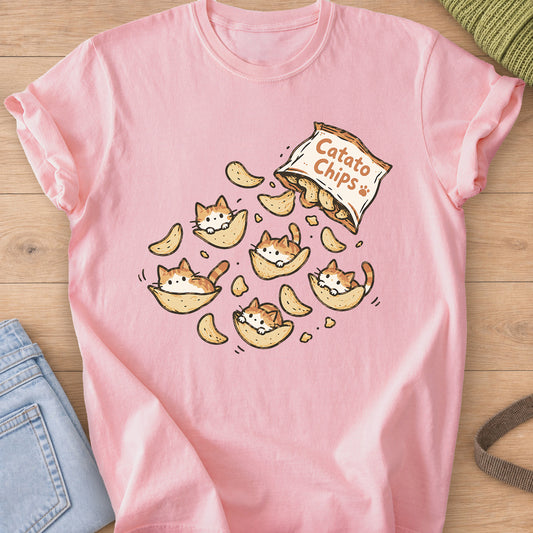Tiny tabby cats peeking out of potato chips spilling from a "Catato Chips" bag on a Blossom T-Shirt