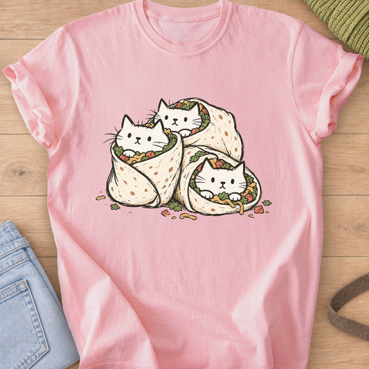 Three cats peeking out of stuffed burritos with bits of filling scattered around on a Blossom T-Shirt