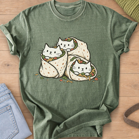 Three cats peeking out of stuffed burritos with bits of filling scattered around on a Moss T-Shirt