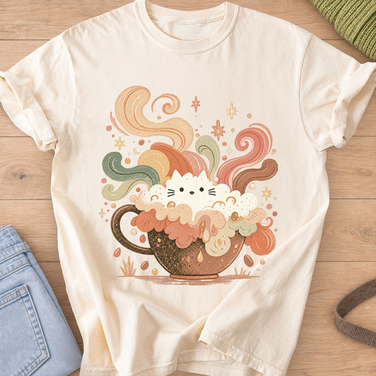 Cat peeking out of a foamy coffee cup with swirling steam, stars and coffee beans on an Ivory T-Shirt
