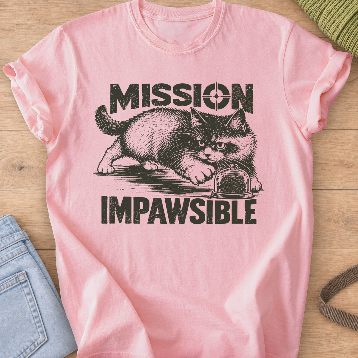 Fluffy cat sneaking toward a glass dome of treats under "Mission Impawsible", dark charcoal ink on a Blossom T-Shirt
