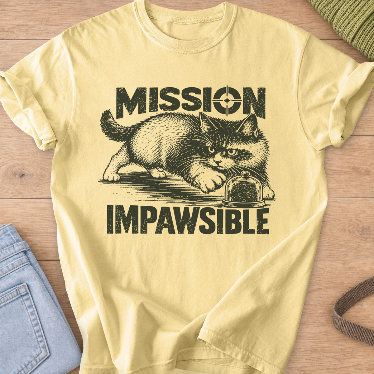 Fluffy cat sneaking toward a glass dome of treats under "Mission Impawsible", dark charcoal ink on a Butter T-Shirt