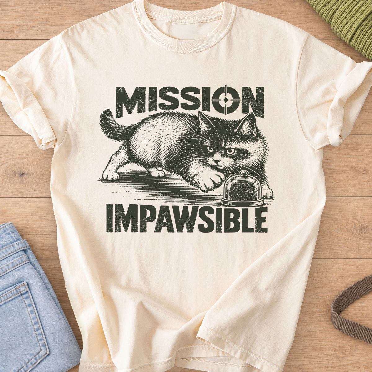 Fluffy cat sneaking toward a glass dome of treats under "Mission Impawsible", dark charcoal ink on an Ivory T-Shirt