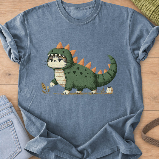 Grumpy cat in a spiky dinosaur costume walking past sprouts and a hatching egg on a Blue Jean T-Shirt