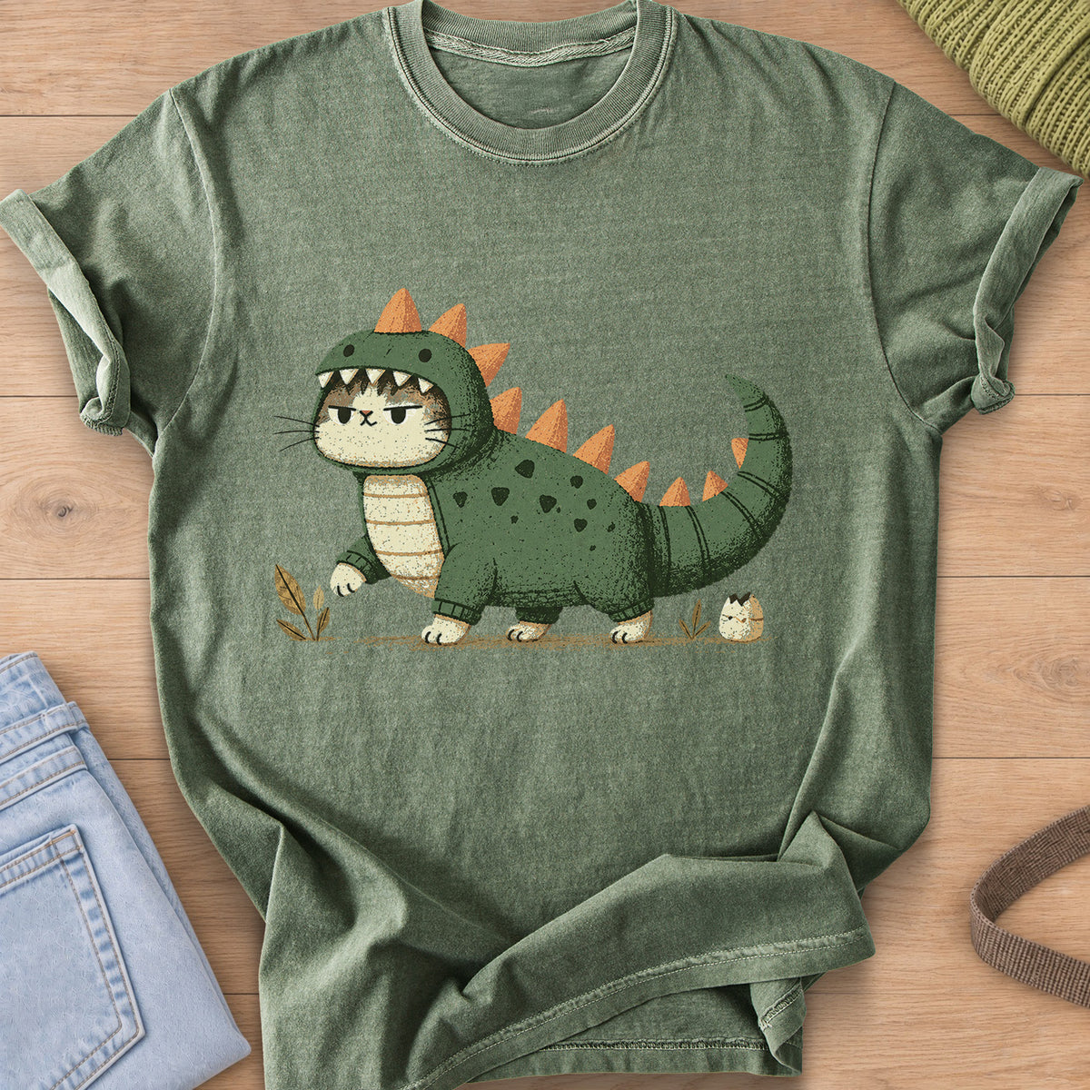 Grumpy cat in a spiky dinosaur costume walking past sprouts and a hatching egg on a Moss T-Shirt
