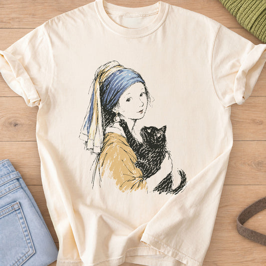 Girl with a pearl earring and headscarf holding a black cat, classic painting parody on an Ivory T-Shirt