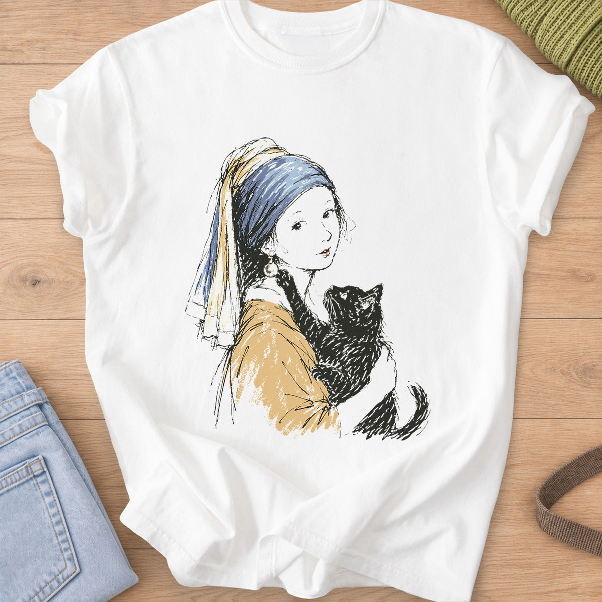Girl with a pearl earring and headscarf holding a black cat, classic painting parody on a White T-Shirt