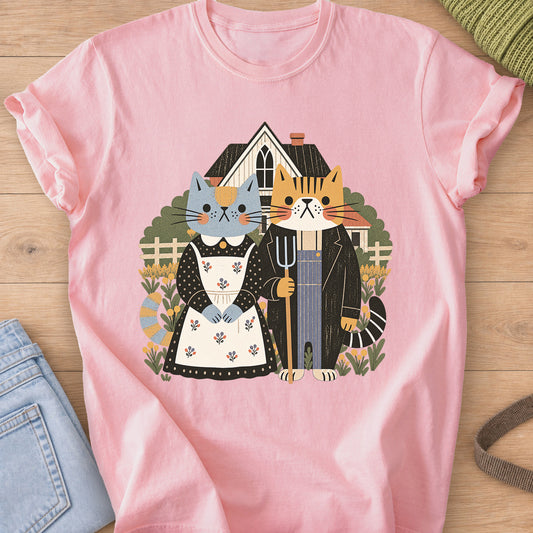 Two cats posed as American Gothic with pitchfork, apron, farmhouse and flowers on a Blossom T-Shirt