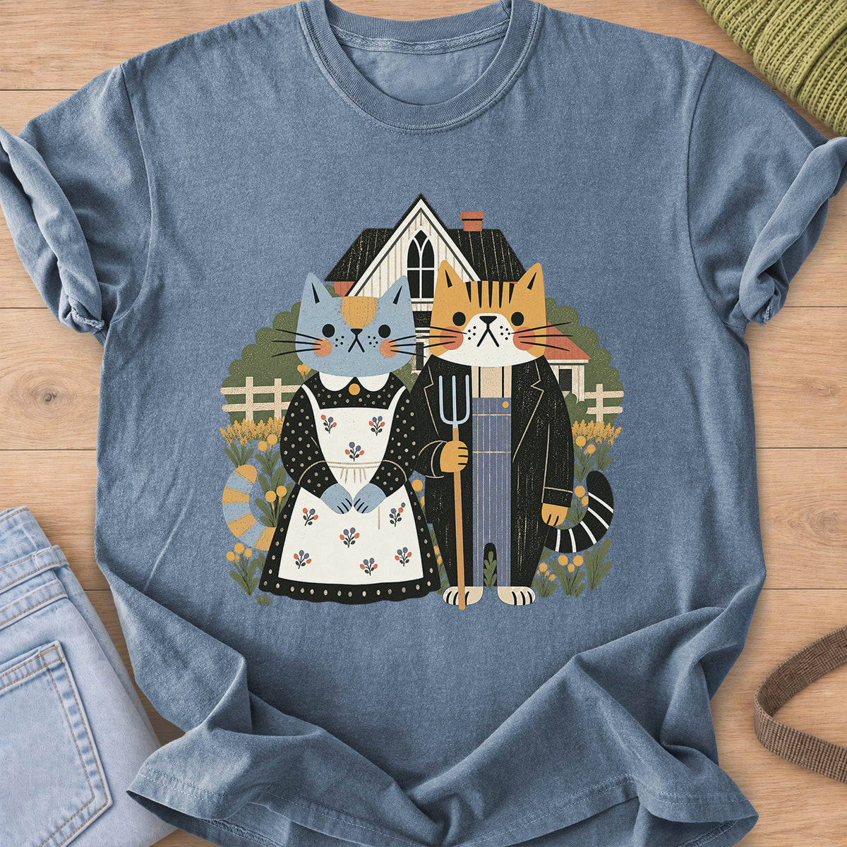 Two cats posed as American Gothic with pitchfork, apron, farmhouse and flowers on a Blue Jean T-Shirt